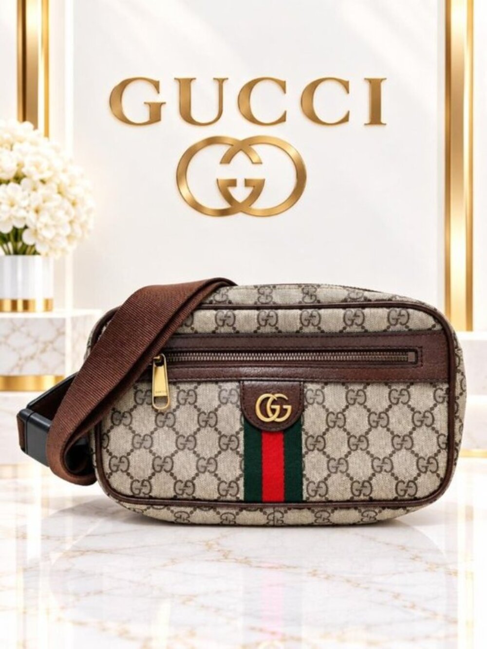 Authentic Gucci Ophidia GG Supreme Belt Bag Beige Web Stripe Waist Crossbody